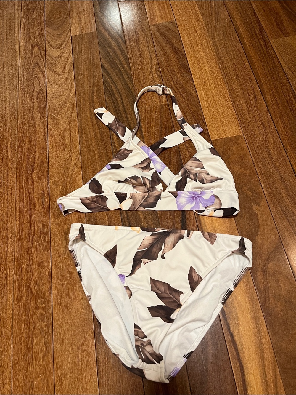 Women’s Cream Floral Bikini Set - Taupe Leaf & Lavender Accent